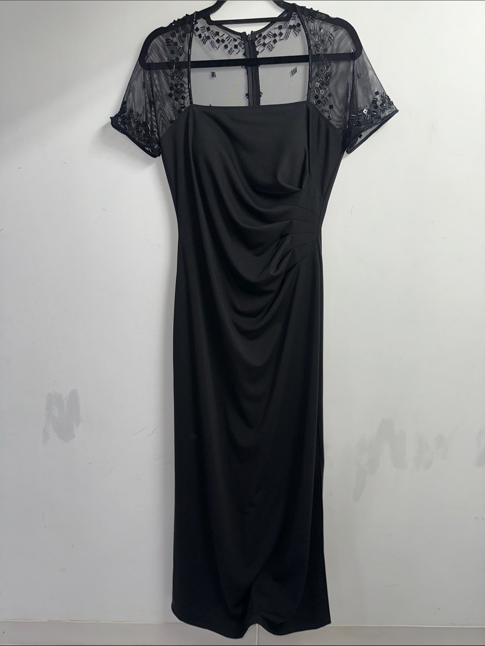 JS Boutique Black Beaded Mesh Yoke Long Dress